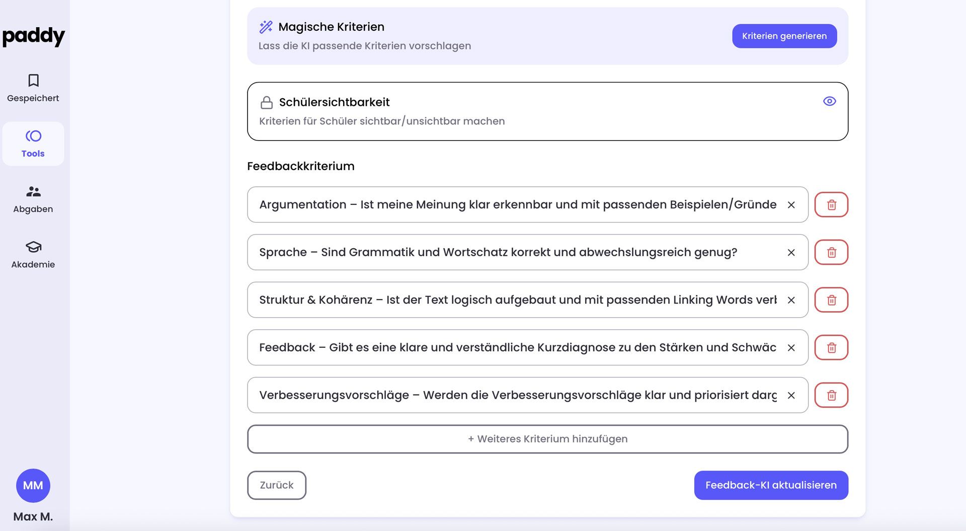 Beispiel für paddy-generiertes Feedback zur Argumentationslogik im Englischunterricht